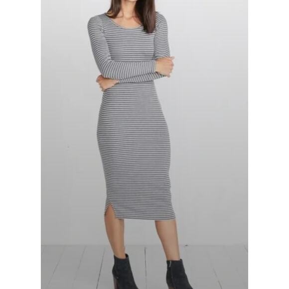Marine Layer Gray White Stripe Ribbed Lexi Midi Dress Long Sleeve Women's Small - Picture 1 of 9